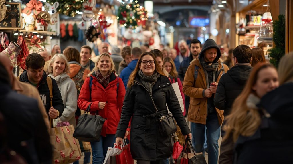 年末笑顔で買い物をする人々